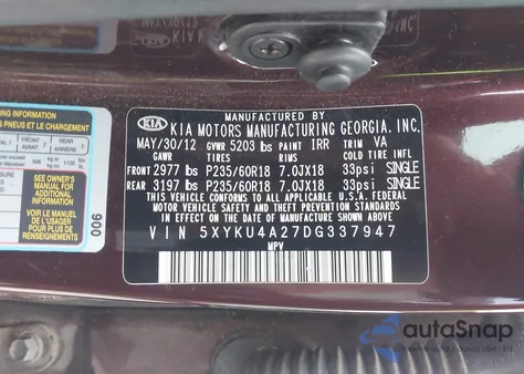 2013 Kia Sorento Ex V6 z USA, uszkodzony, nr VIN 5XYKU4A27DG337947